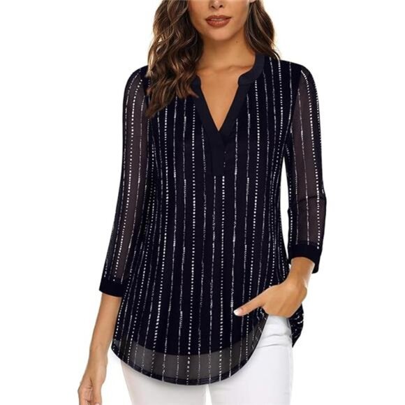 Women's 3/4 Sleeve Blouses - Casual V-Neck Double Layer Mesh Tunic Tops - Picture 3 of 6